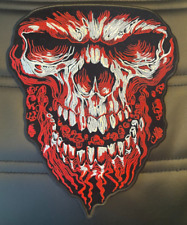 RED BLACK AND WHITE LARGE SKULL WITH TEETH IRON ON BIKER PATCH 11X10 INCH picture