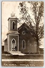 Vandalia MI~Pastor on Stoop of United Methodist Episcopal Church: Gone~1910 RPPC picture