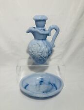 Vintage May 1978 Avon Victoriana Bubble Bath Blue Milk Pitcher Soap Dish Glass picture