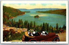Postcard CA Lake Tahoe California Emerald Bay Car Union Pacific RR c1920s P3D picture