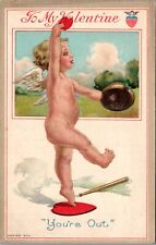 Patriotic Valentine's Day Postcard Cherub Angel Playing Baseball With A Heart picture