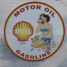 1940 SHELL MOTOR OIL GASOLINE PORCELAIN GAS & OIL STATION GARAGE MAN CAVE SIGN picture