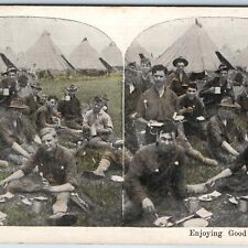 c1910s WWI Enjoying Good Rations Camp Tent Men Litho Photo Stereoview Army V47 picture