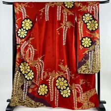 65.7inc Japanese Kimono SILK FURISODE Flowers Wisteria Red picture