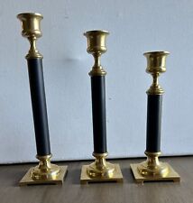 Brass & Black Lacquered Candlestick Holders Vintage Set Of 3 8.5in, 7.5in, 6.5in picture