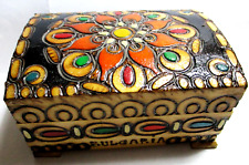 VINTAGE BULGARIA FOLK ART PAINTED PYROGRAPHY WOODEN TRINKET BOX,DOVE TAILED picture