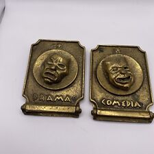 VINTAGE c1970s COMEDIA Comedy Brass Theatrical Drama Face Folding Bookend Pair picture