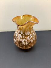 Vintage Art Glass Hand Blown Amber & White Splatter Swirl Vase Pontil 5” picture