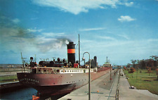 Sault Ste Marie MI, Soo Locks, Lake Huron Freighter, MacArthur Lock Vtg Postcard picture