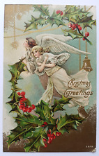 Antique 1909 Christmas Greetings Angels Holly Bell Golden Blue Back Postcard picture