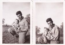 Lot 2 Original WWII Photos GI w/ 3rd ARMY PATCH Holding HIS BABY Back Home 954 picture