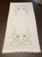 Vintage Antique White Floral Embroidered Crochet 17 X 37 Table Runner -D48 picture