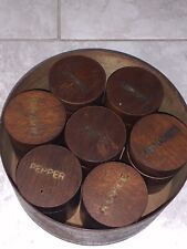 Antique Round Wooden Pantry Shaker Spice Box Set 7 Wood Jars; Impressed Mark picture