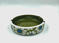 Vintage 70's Ceramic Ashtray MCM Avocado Green w/ Mod Daisy Flowers Trinket Dish picture