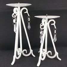 Shabby Chic Metal Candle Holders 2 Sizes Dangling Prisms Set 2 Off White Lot 2 picture