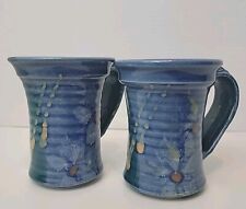 Handmade Two-toned Color Blue & Green W/flower Coffee Mug Pottery Ribbed Texture picture