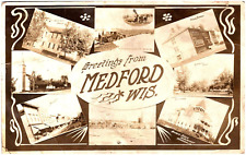 RPPC 1909 Medford Wisconsin Multi-view Logging Train Main Street Churches Hotel picture