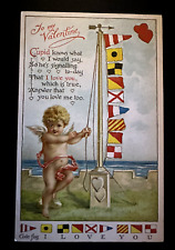 Rare Antique Valentine Postcard~~Nautical Code Flags~ with Cupid~I Love You~g413 picture