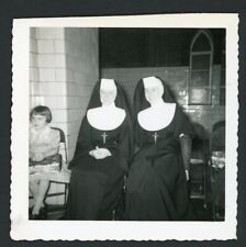Pretty Smiling Nuns Habit Veil Sit on Folding Chairs Catholic Church Photo 1960s picture