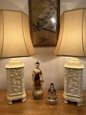 Gorgeous Chinese Pagoda Pair Of Lamps White And Cream Vintage With Shades picture