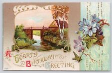 Hearty Birthday Greeting Flower Cabin Bridge Embossed Divided Back Postcard picture