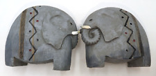 Wood-Look Carved Gray Elephant Figurines Stylized Tribal Design Set of 2 picture