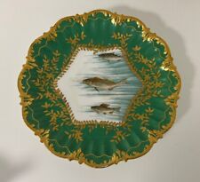 Antique Hand painted T&V Limoges Fish Plate Swimming Wide Green Gold Border 9.25 picture