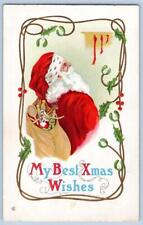 1914 SANTA CLAUS MY BEST XMAS WISHES BAG OF TOYS EMBOSSED CHRISTMAS POSTCARD picture