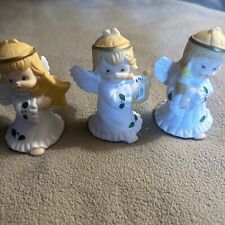 Vintage Trio of 3 Praying Angels Holly Porcelain Harp Candle Etc Taiwan 4”H picture