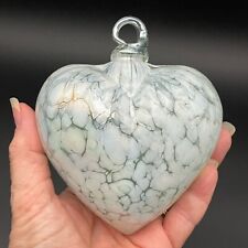 4.75” Hand Blown Heart Shaped Art Glass Oil Slick WHITE Ornament ~ Love picture