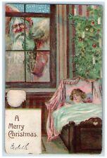 1906 Christmas Child Sleeping Santa Claus In Window Snowfalls Embossed Postcard picture