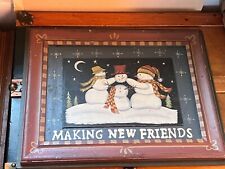 Hand Made Painted Wood Making New Friends Three Snowmen Christmas Holiday Pictur picture