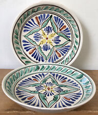 Pair Vtg Russian Terra Cotta Ceramic Floral Painted Plates Bowls Dishes 9.75” picture