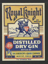 ROYAL KNIGHT DISTILLED DRY GIN For INTRASTATE SALE ANTIQUE BOTTLE LABEL - UNUSED picture
