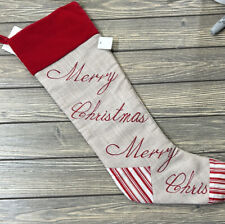 Vintage Beige Red Merry Christmas Stocking 24” picture