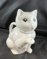 Vintage Porcelain Cat Figure Small Teapot or Creamer White Red Flowers 5