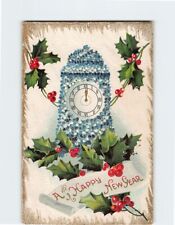 Postcard A Happy New Year Hollies Flowers Clock Embossed Art Print picture
