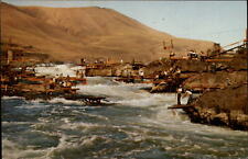 Old Celilo Falls Oregon Indians fishing from Dalles Dam backwater 1950s postcard picture