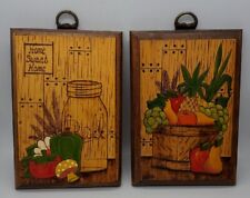 Vintage 2 Wood Plaques MCM Handpainted Carved Canning Ball Jar Mushroom Veggies  picture