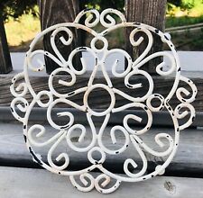 Vintage Metal Trivet Round Scroll Chippy White on Black Iron Shabby Chic 8 Inch  picture