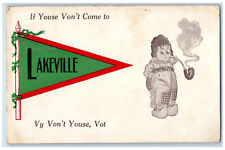 1912 Greetings From Lakeville New York NY Humor Pennant Antique Posted Postcard picture