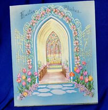 UNUSED VTG 1960S EASTER GREETINGS CARD, DIE CUT TRIPTYCH STYLE OPENING CATHEDRAL picture