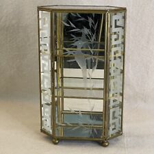 Vintage Etched Glass & Mirror Brass Miniature 3 Shelf Curio Cabinet Asian Insp. picture