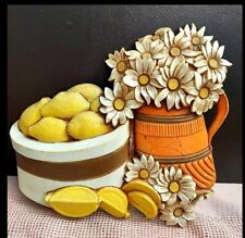 Vintage 1970s Homco plastic wall decor Lemons Daisies Baskets Yellow Brown Retro picture