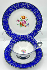 RW BAVARIA GERMANY SILVER TRIMMED BLUE TRIO: PLATE, CUP, SAUCER picture