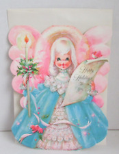 VINTAGE 60's 70's Gibson Blue Pink Angel Stand Up Decoration Greeting Card picture