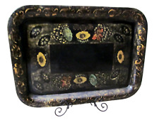 Large Antique Tole Tray Black Gold Stencil Colored Flowers 20.5