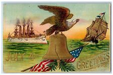 1908 Fourth Of July Greetings Eagle Bell Flags Sinking Schooner Boat Postcard picture