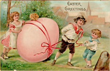 Antique Easter Greeting 1907 Childern Pulling Giant Pink Easter Egg Posted picture