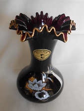 Vintage Bohemian Crystal Vase Amethyst Deep Purple Ruffled Edge,Gold Trim Flower picture